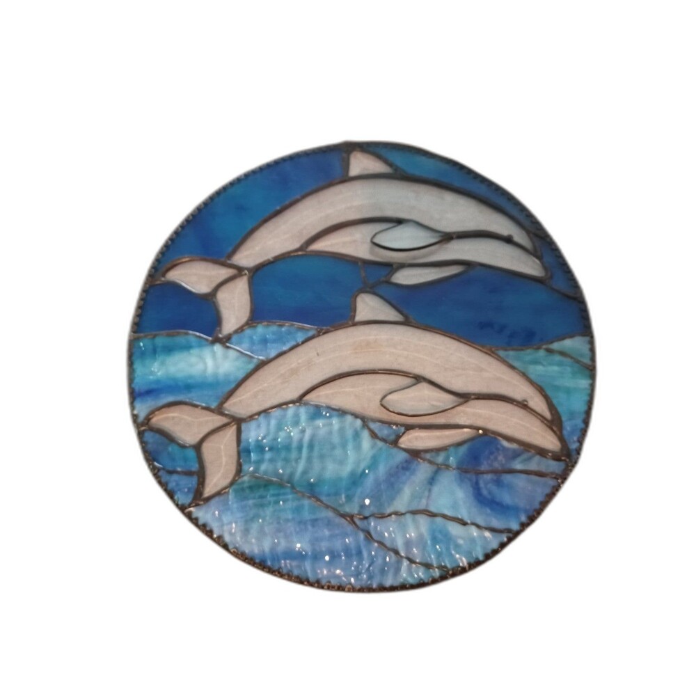 Stained glass Dolphin hanging panel